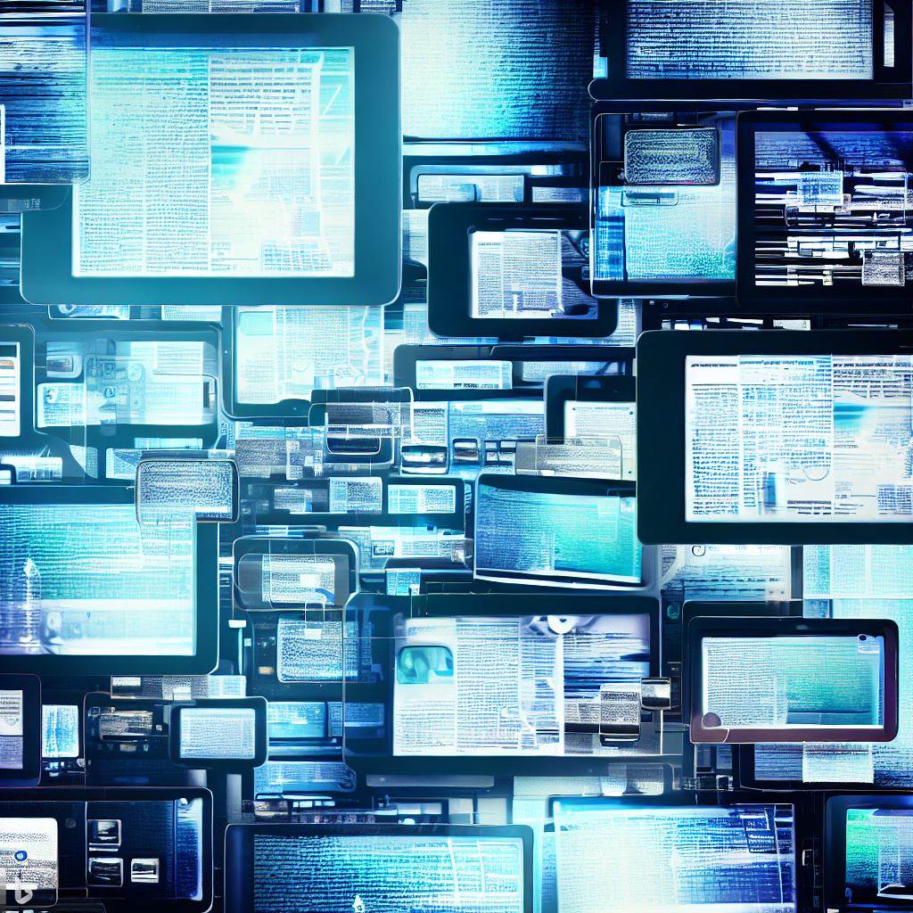 Sfondo di un'ampia rete di computer, tablet e cellulari che visualizzano notizie e testi, tutti collegati tra di loro, stile hi-tech
